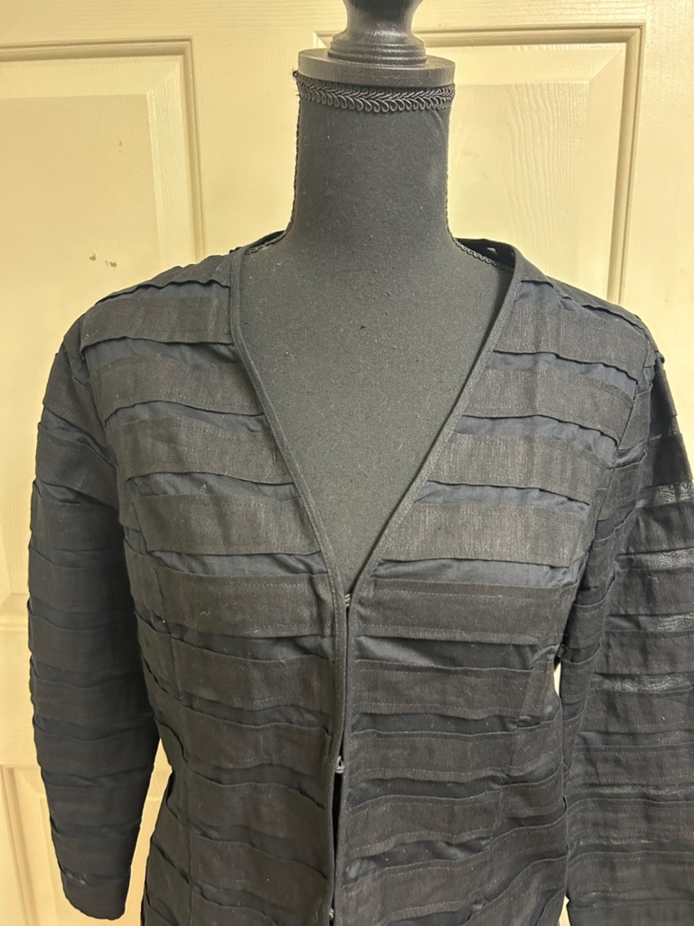 Chico's black jacket featuring striped textured fabric with sheer panels, Size 0 - Picture 2 of 9